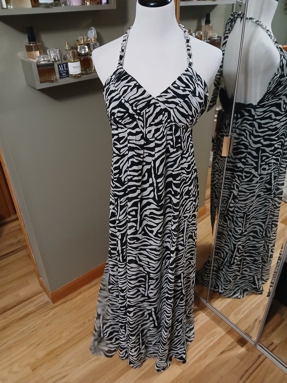 Zebra Print Halter Maxi Nightgown - Black & White